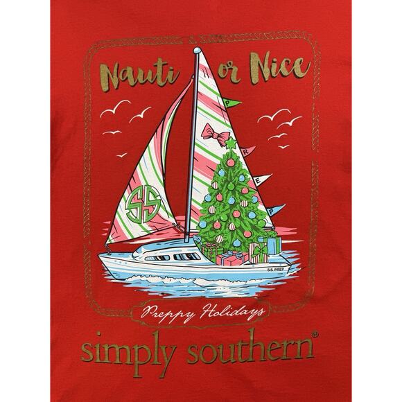 Simply Southern Shirt Womens Medium Red Nauti Or Nice Preppy Holiday Long Sleeve - Picture 4 of 11